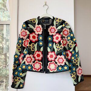 Dakota West Short Art Deco Leather Jacket Black Floral Medium